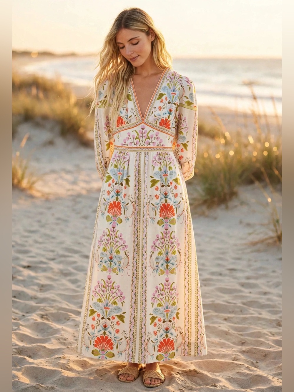 Caballero Perle Boho FloralMaxi Dress - Ivory with Multi Floral Sz M